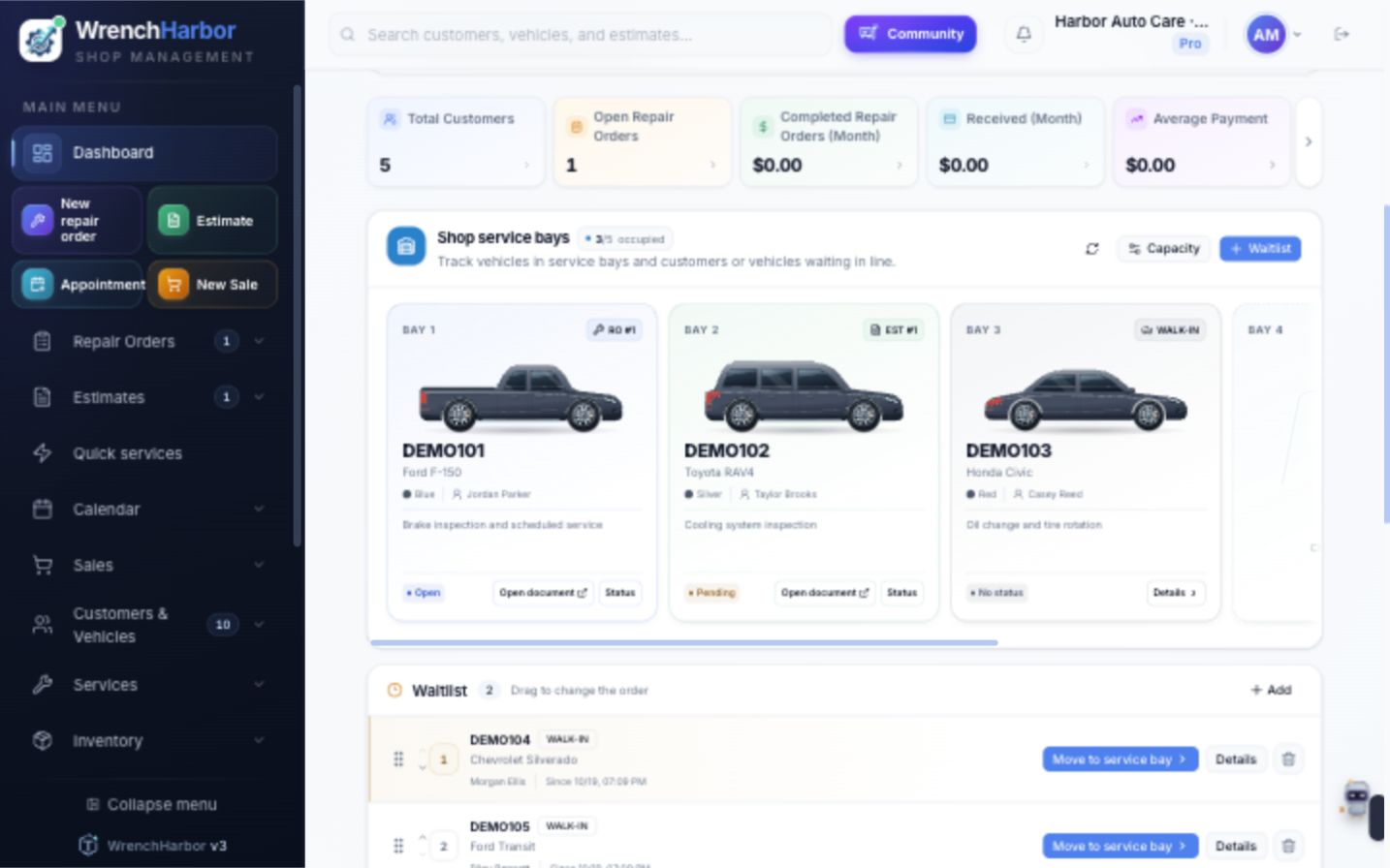 Actual WrenchHarbor dashboard with demo vehicles in service bays and a waitlist
